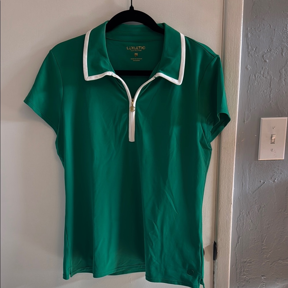 EUC Lilly Pulitzer Green Zip Polo with White Trim.  Luxletic.  Size L.